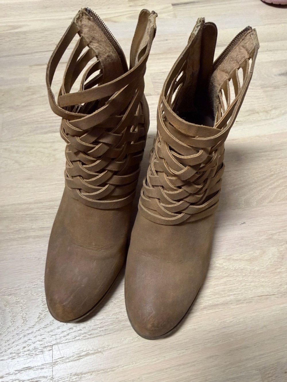 Woven Strappy Ankle Boots - Brown